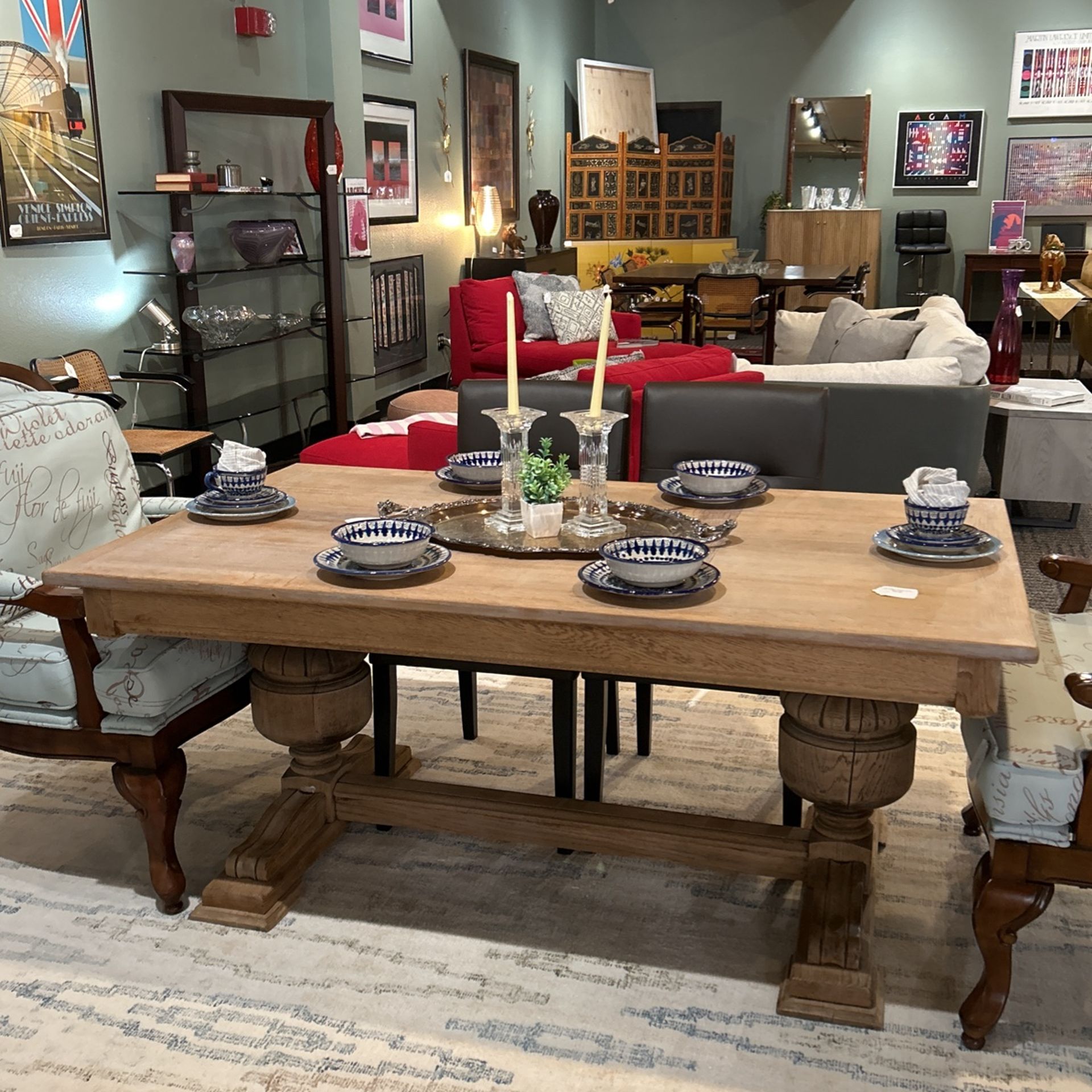 1910 Belgian Solid White Oak Trestle Dining Table 65" x 65" x 29"