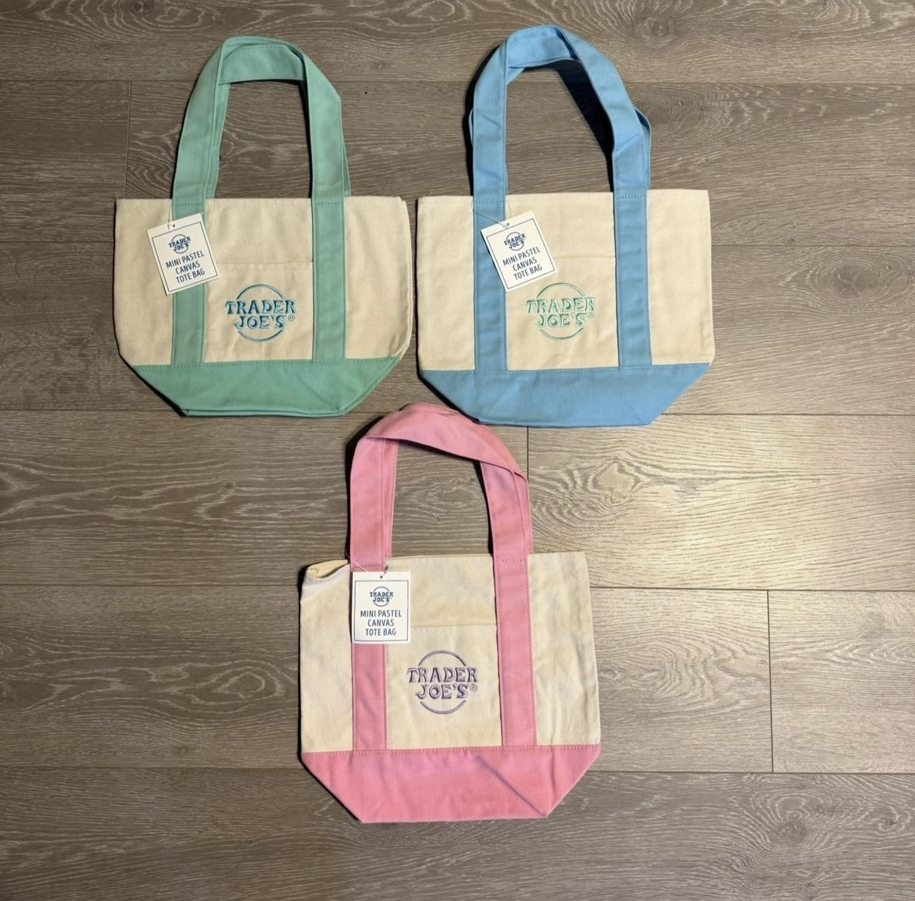 Set Of 3 Trader Joe’s Mini Pastel Tote Bags Pink, Blue, & Green
