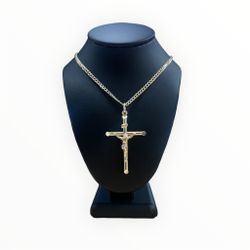 10K Cross Pendant And Gold Curb Chain