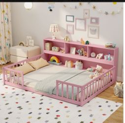 Full Size Montessori Floor Bed with Bookcase
