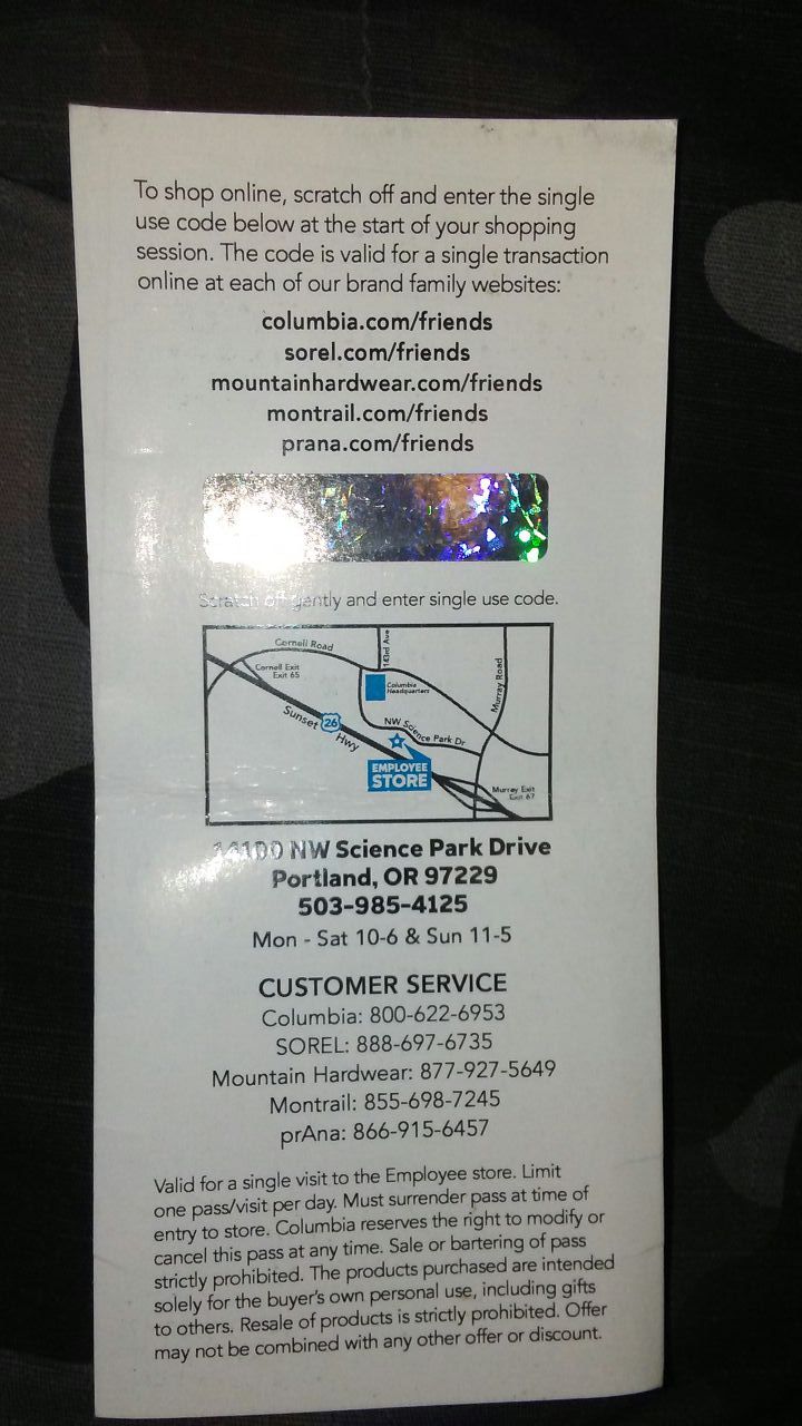 Columbia Sportswear Employee Store Pass for Sale in Portland, OR