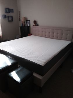 King Bed Frame - Cushioned, Linen/Tan color