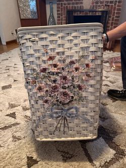 White Wicker lined Hamper with Floral Pattern