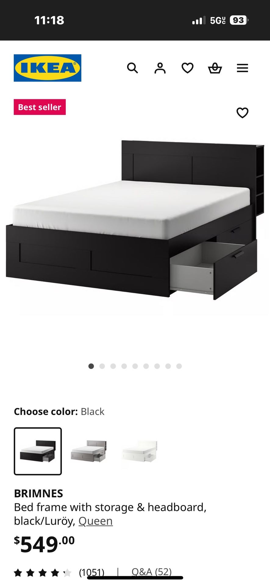 IKEA Bed frame with storage & headboard, black/Luröy