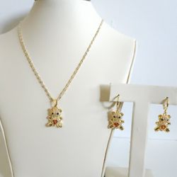 Gold Plated Teddy Bear Necklace and Earring Set