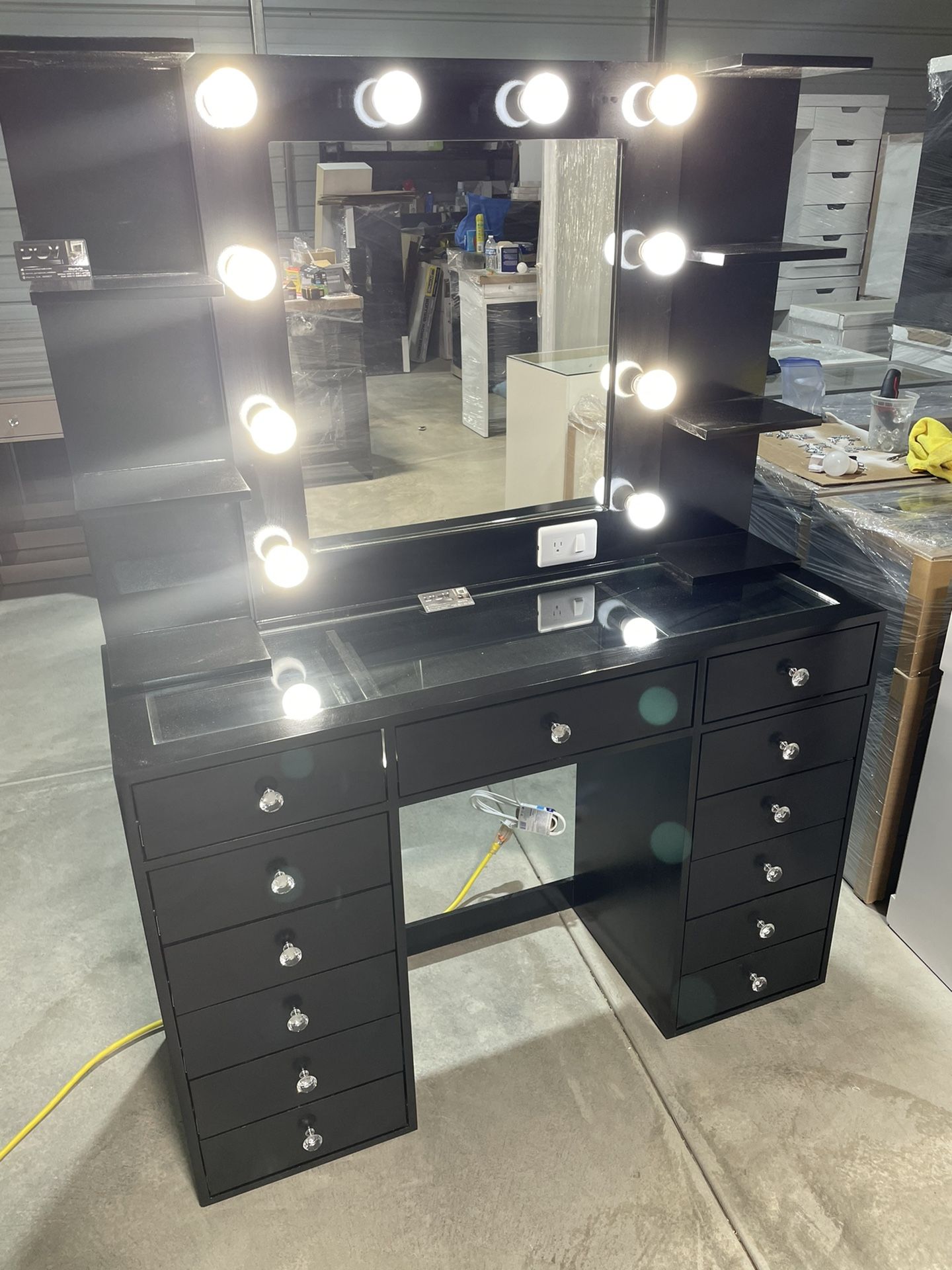 Black Makeup Vanity With Hollywood Mirror And Shelves for Sale in