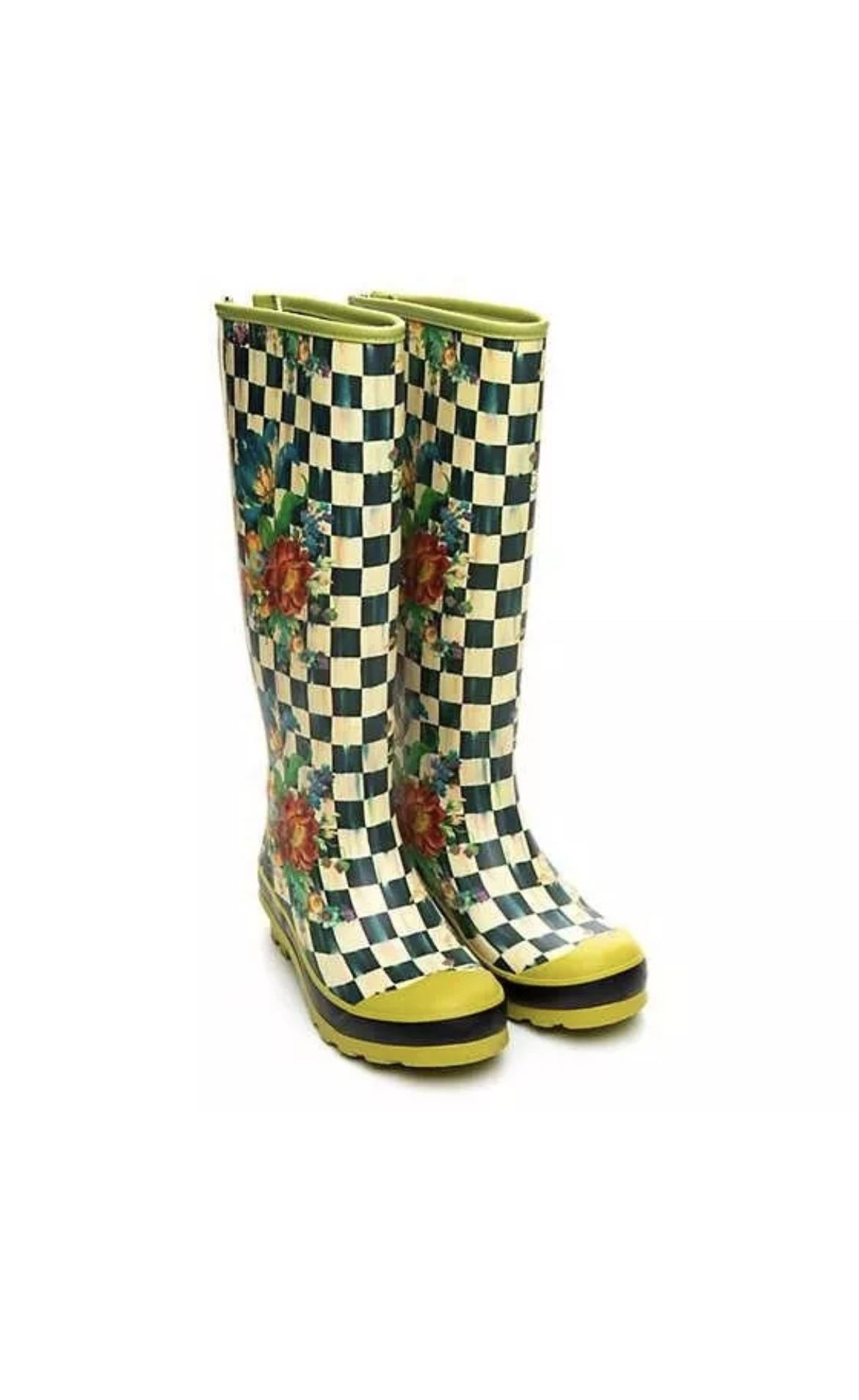 Excellent NIB Mackenzie Childs WOMENS Courtly Check Rain Boots Wellies Sz 8