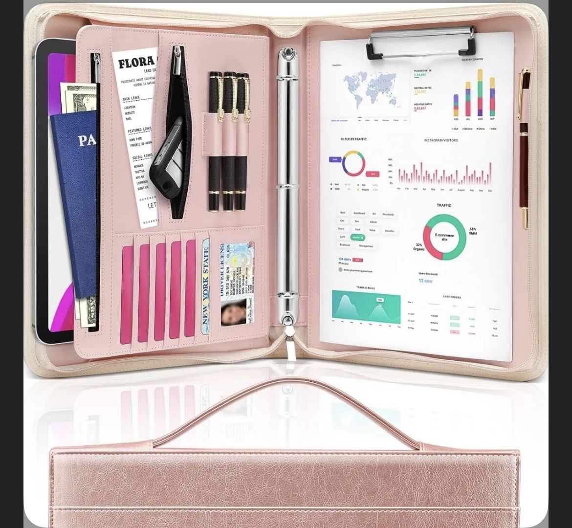 Rose Gold Padfolio With Pockets, Carrying Handle, 3 Ring Binder And Clipboard