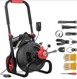 Drain Cleaner Machine 100Ft x 3/8 Inch, Root Killer, Auto feed Sewer Snake Auger on Wheels, Electric Drain Auger Professional for 1.5 to 3 Inch Pipes