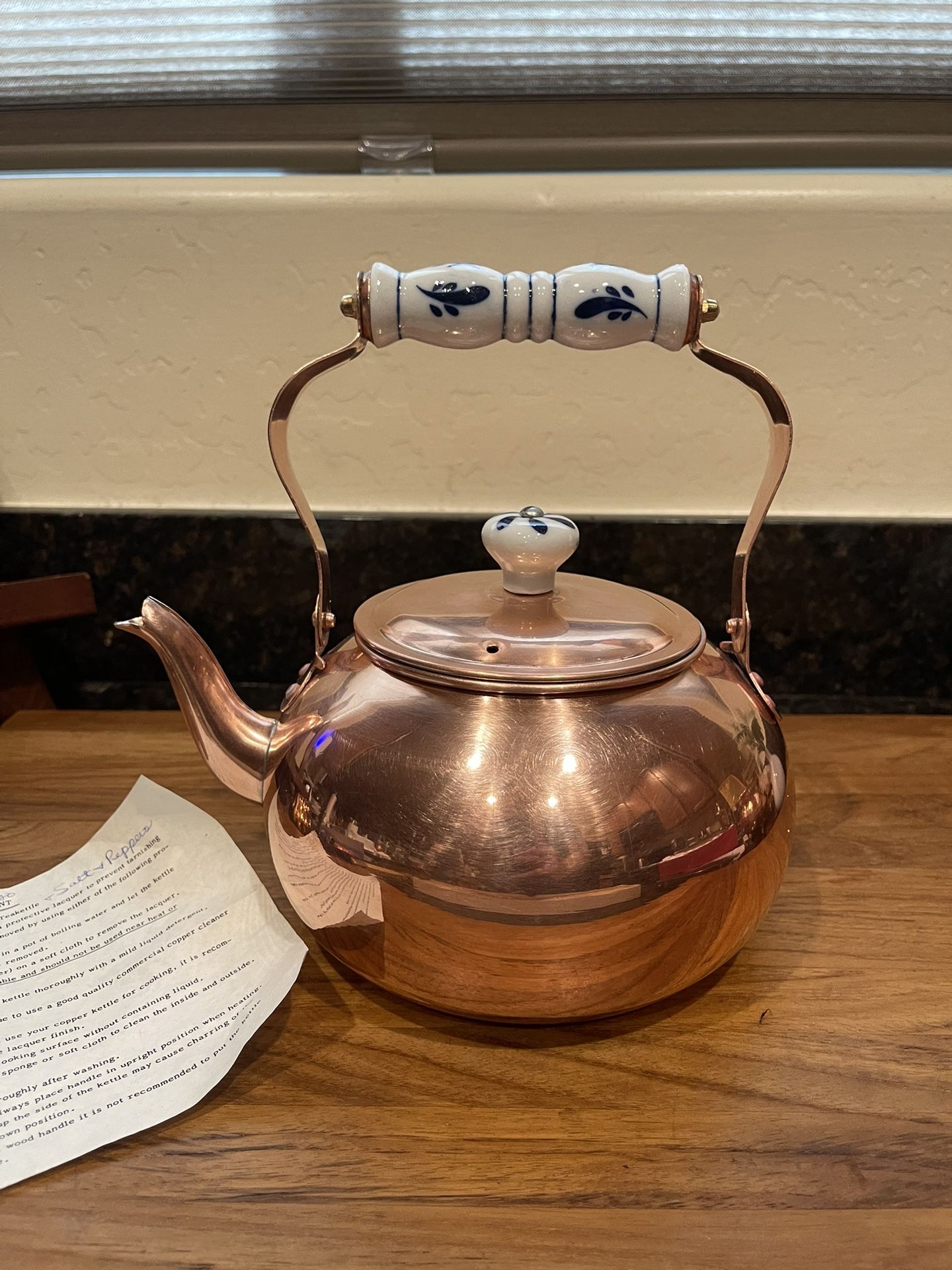 Vintage copper tea kettle w porcelain handle