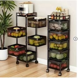 5-Tier Rotating Storage Shelf, Square Metal Kitchen Organizer with Wheels for Fruits Vegetables