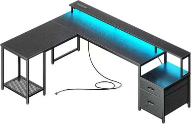 L-shaped computer desk gaming desk with power sockets and LED light strip, storage rack, black