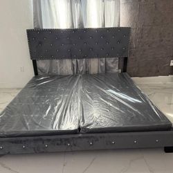 New BED FRAME WITH BOX SPRING SET INCLUDED GRAY BED FRAME IN BOX 3PCS 
