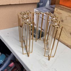 9 Glass Tube Bud Vases w/ Gold Metal Stand