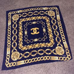 VINTAGE CHANEL SILK SCARF BLUE GOLD CHAIN LINKS- RUE CAMBON 