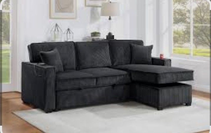 Beautiful 2-Pc Black Corduroy Sectional Sofa With Pullout Bed & Storage