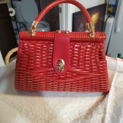 pinup couture red wicker bag. Vintage purse, hand bag