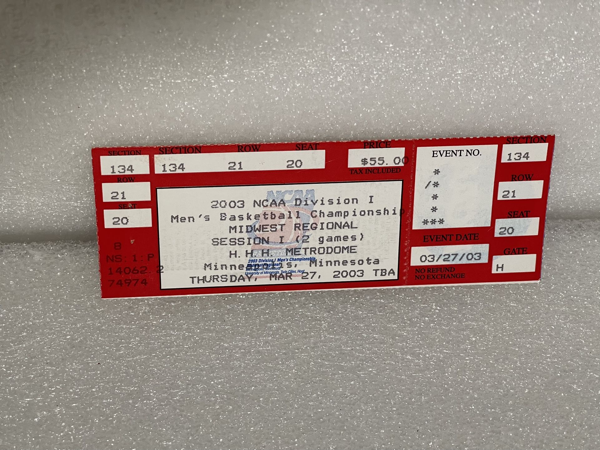 2003 NCAA Division 1 Men’s Basketball Championship Event Ticket (Unused)