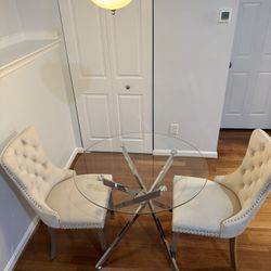 Brand New Small 36inch Glass Dining Table W/ 4 Modern Beige Chairs W/ Silver Pendant Design & Silver Legs