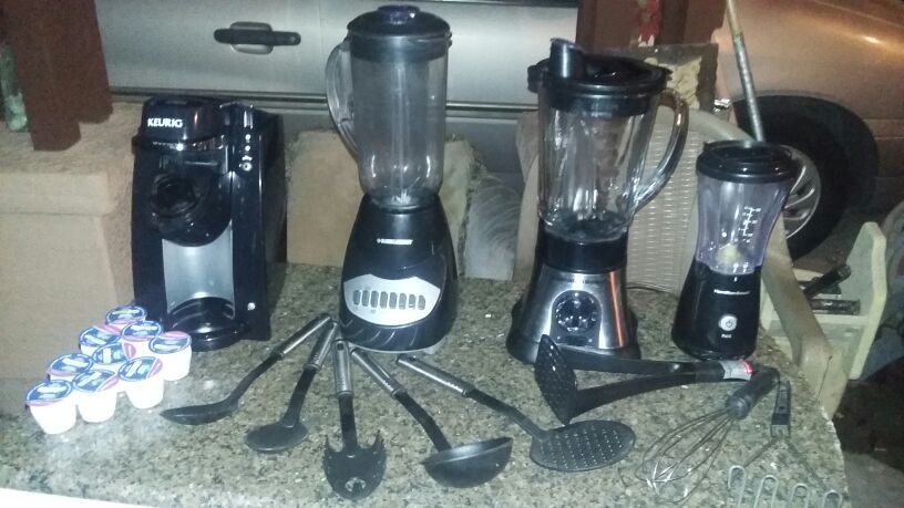 Blenders, coffee maker, bullet, and kitchen utensils