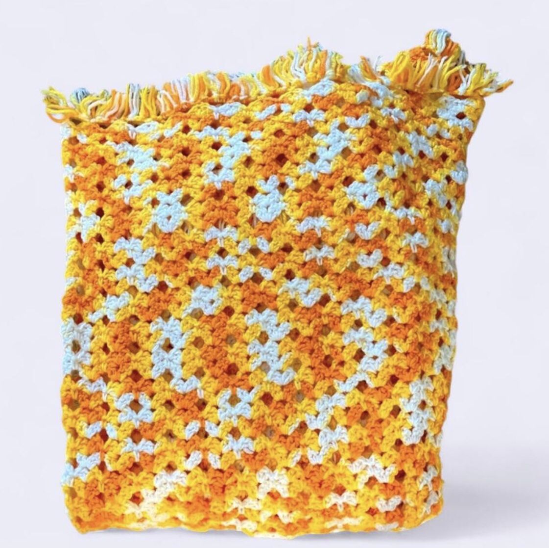 Vintage Handmade Yellow Crochet Blanket Granny Throw Blanket