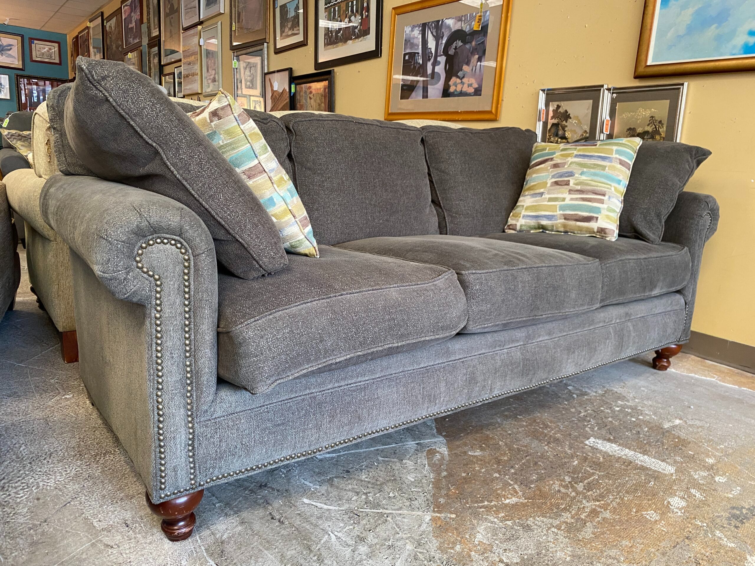Sage Green 3-Seat Sofa w/ Decorative Pillows