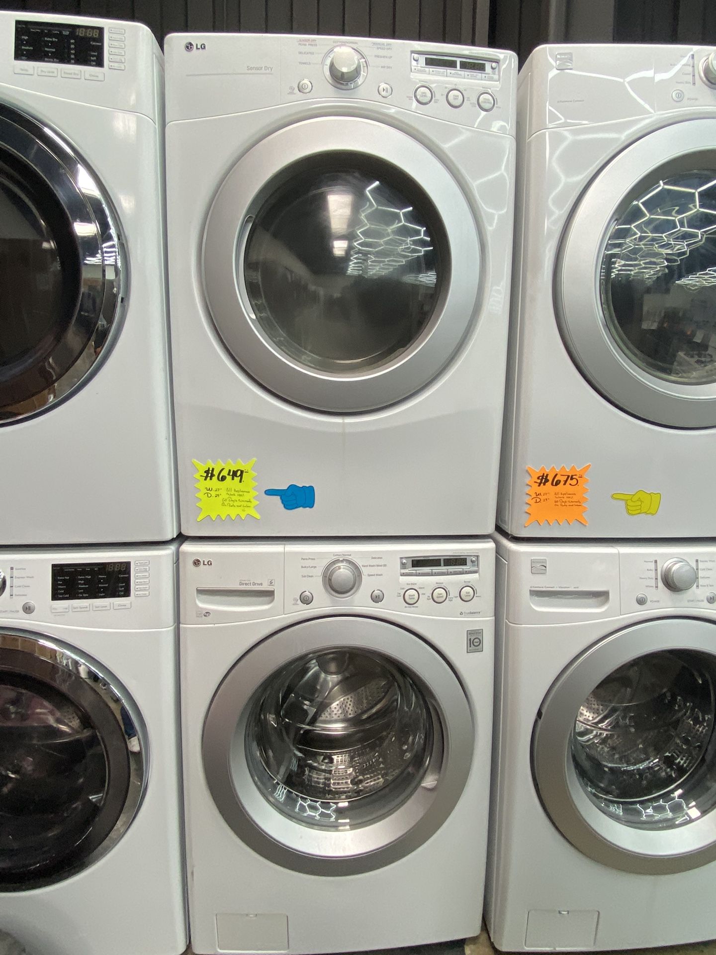 USED SET WASHER AND DRYER FRONT LOAD WHITE KENMORE 27” Inch Width 29” Inch Depth