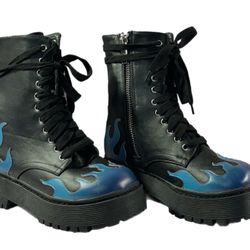 Dolls Kill Current Mood Hot As Ice Blue Flame Combat Boots Sz 6 Ankle Black NWOT