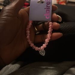 SILVER HEART PINK BEADED STRETCH BRACELET