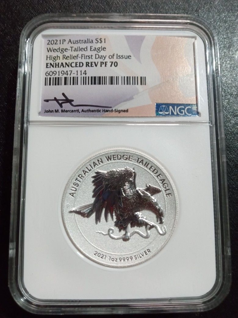 2021P Australia S$1 Wedge Tailed Eagle High Relief ENHANCED REV PF 70 - Mercanti Hand Signed