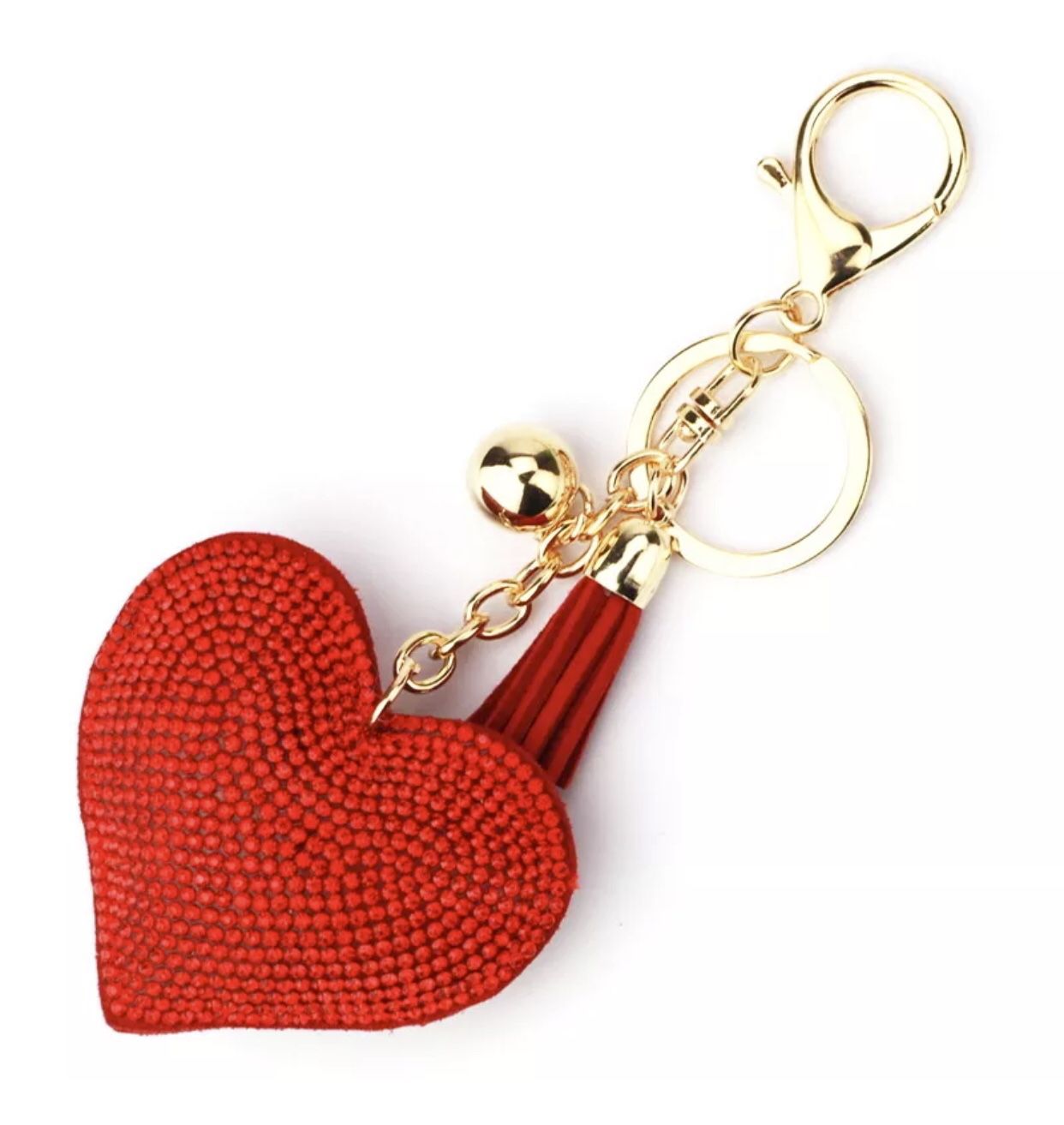 RED GOLD SPARKLY RHINESTONE TASSEL HEART KeyChain PURSE Backpack Tag