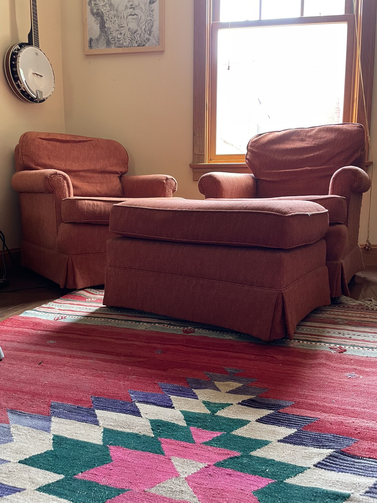 Set Of 2 Orange Chairs And Ottoman