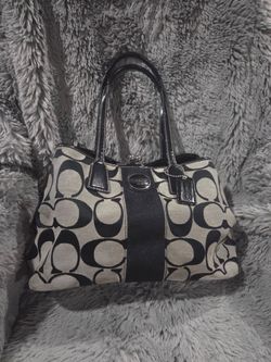 Coach Signature Kisslock Canvas Tote Bag in Black and Beige