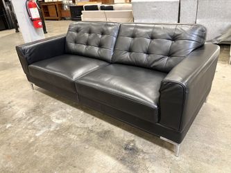 JASON FURNITURE Modern Square Arm Black Leather Sofa with Tufted Back Cushions and Chrome Legs