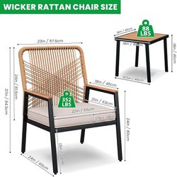 3-Piece Patio Furniture Set, Outdoor Rattan Chairs with Table, Garden Set with 3.15in Thick Cushions, WPC Armrest, for Balcony, Backyard, Terrace, Bei
