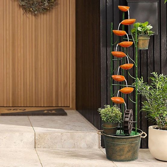Brand New!LuxenHome 50.4 in. Metal Orange Lotus Cascade Outdoor Fountain, F1431