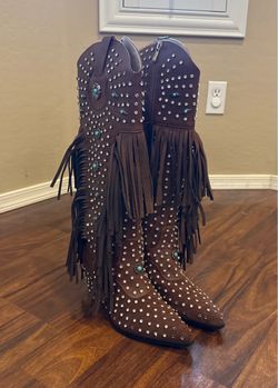 Azalea Wang Bennett Crystal Rhinestone Turquoise Embellished Fringe Boots Size 9