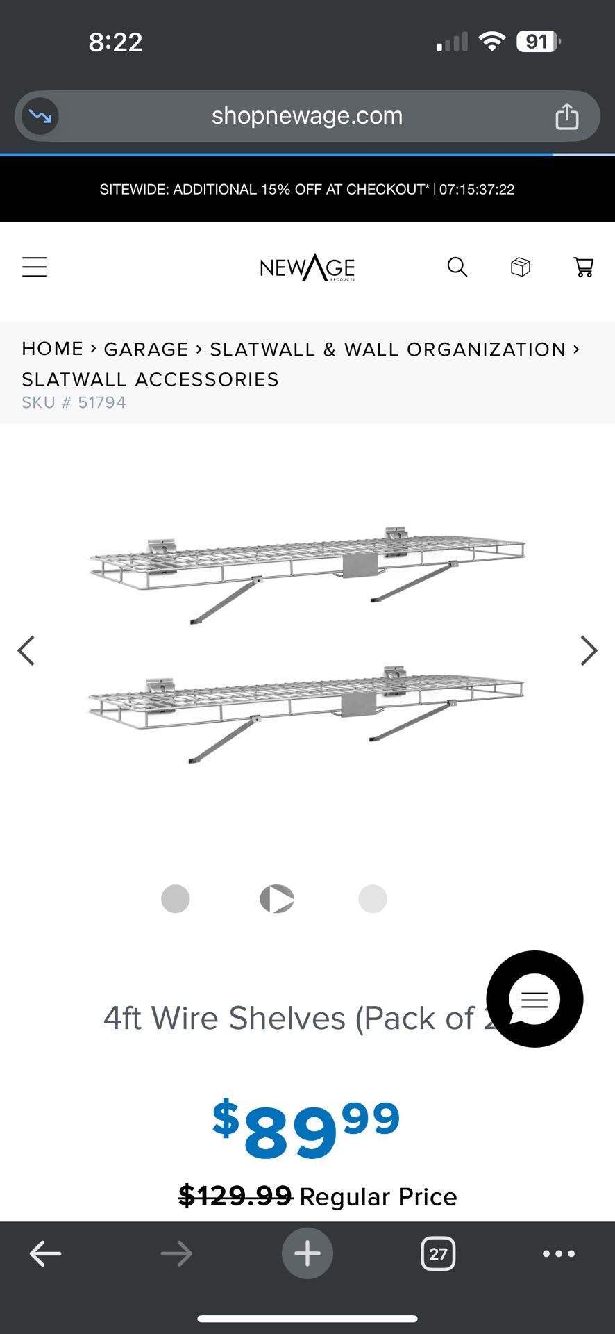 NewAge Garage Slat Wall 4ft Wall Shelves - Set Of 2