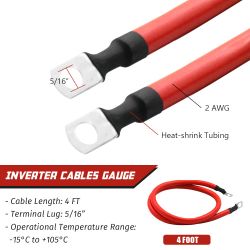 2 AWG Gauge Battery Cable Red Black Pure Copper Battery Cables  5/16 in Lugs
