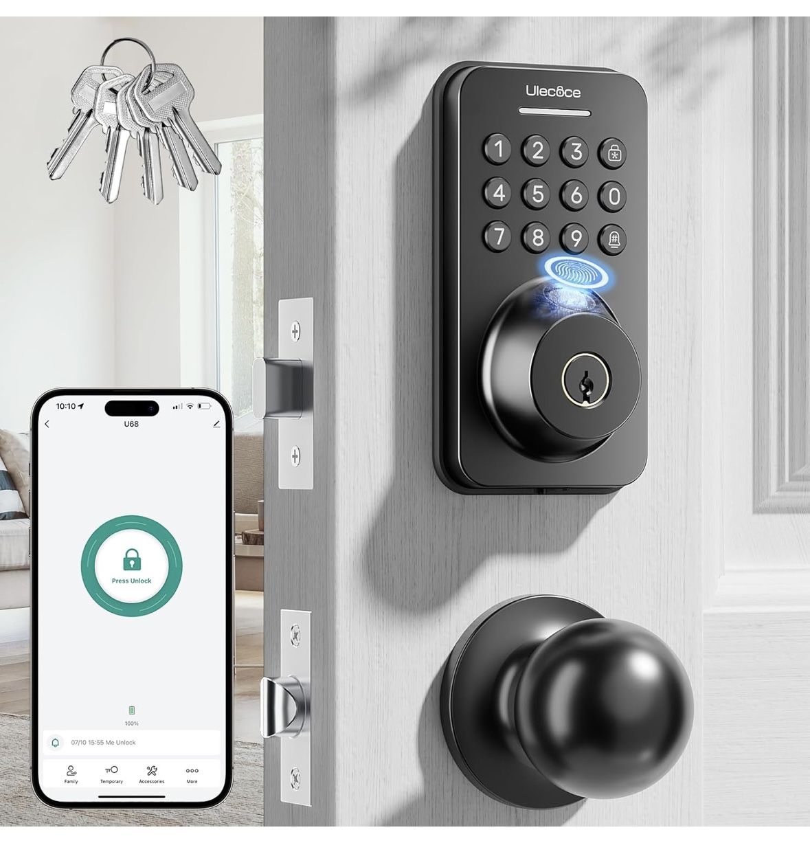 Fingerprint Keypad Deadbolt with Handle Set, Keyless Entry Door Lock, Door Locks for Front Door Lock Set, App Control, Auto Locking, Easy to Install,