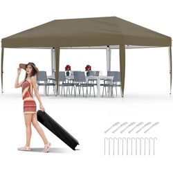 10x20 Pop Up Canopy Tent Outdoor Canopy With No Removable Sidewall One-Person Set Up Heavy Duty Commercial Instant Tent Shelter-Brown