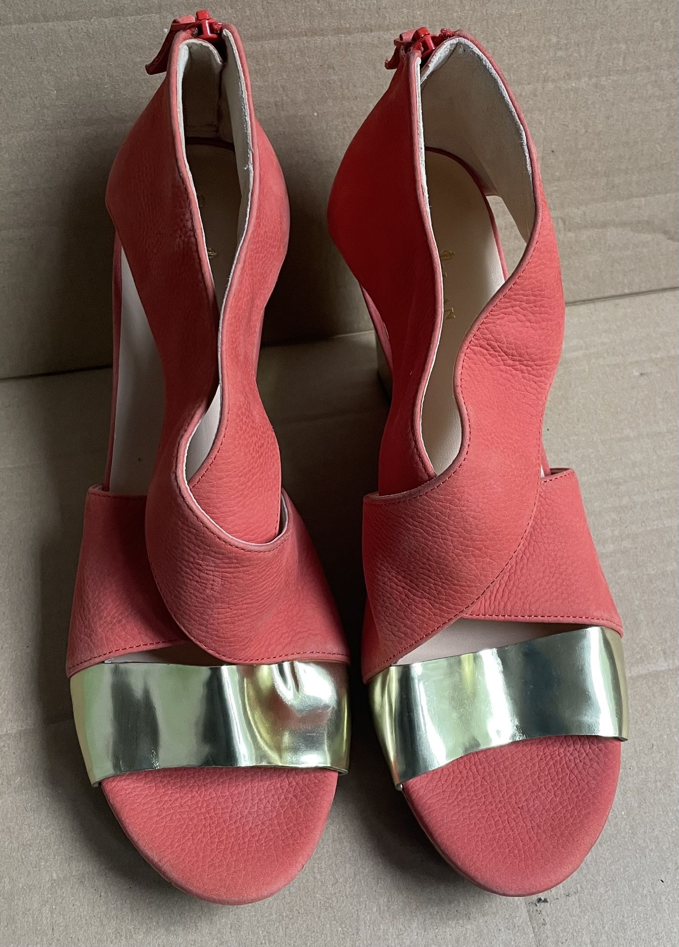 Cole Haan Orange Nubuck leather, cork wedge heel, gold accents, Size 9.5