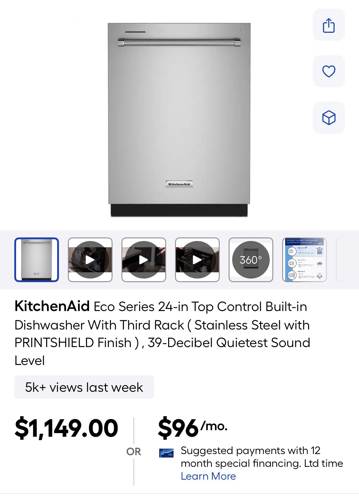 KitchenAid Dishwasher Eco Series Quietest Sound Level
