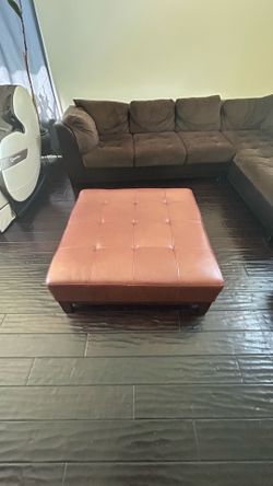 Large Square Cognac Leather Tufted Ottoman / Coffee Table