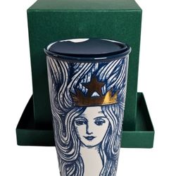 Starbucks 2016 Gold Crown Mermaid Blue Siren Ceramic Travel Tumbler Mug Lid New