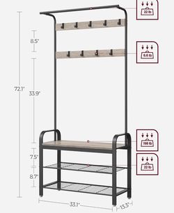 VASAGLE Coat Rack Hall Tree Shoe Bench Entryway w/ Coat Rack - Greige / Black