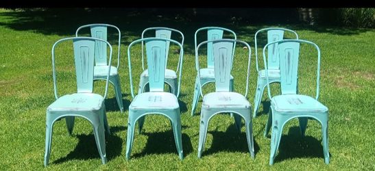 Set of 8 Turquoise Metal Dining Chairs