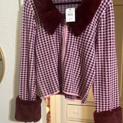 Cotton On Pink Houndstooth Jacket With Faux Fur Trim