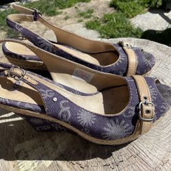 Uggs Dark Denim Blue Color Monogram Wedge Sandals, Size 8.5 