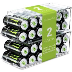 2 Pack Tall Skinny Can Organizer for Refrigerator, Stackable Large Soda Cans of 16oz & 17oz Beverage Energy Drink Container Holder Dispenser with Lid 